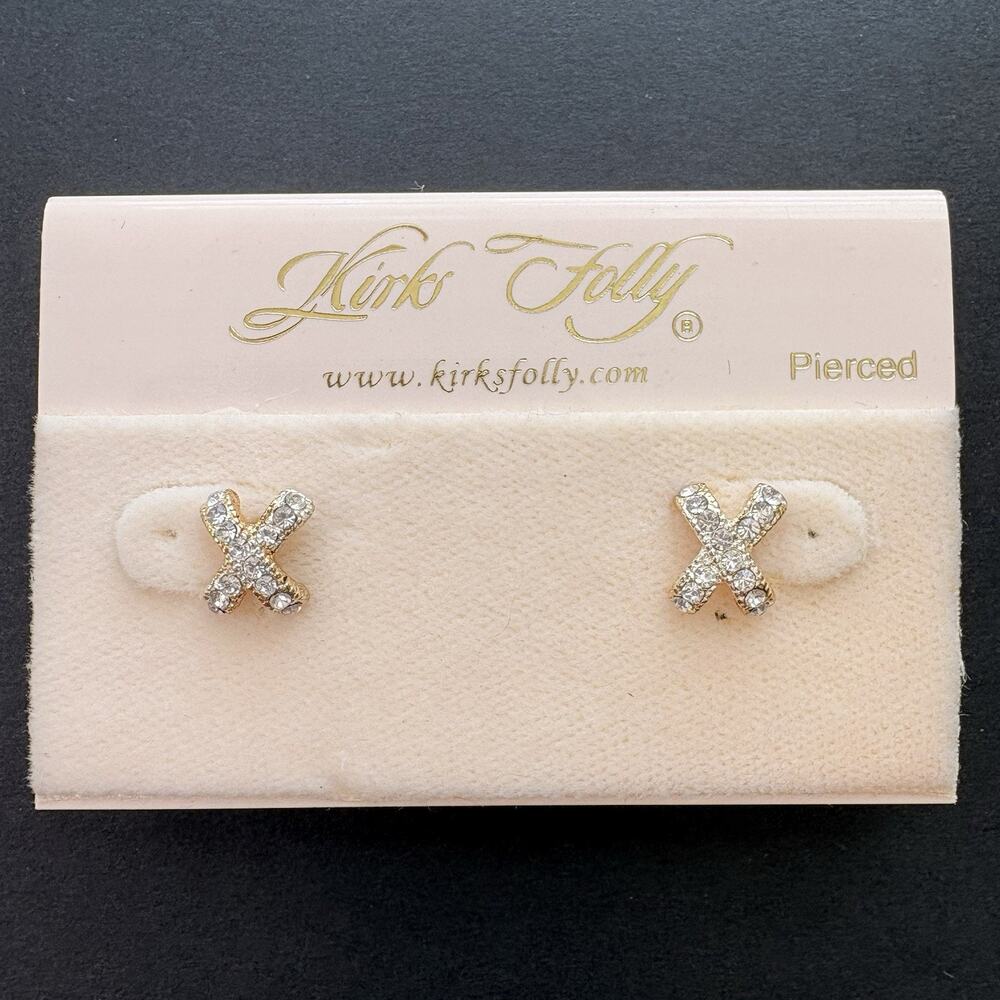 Kirks Folly X Kiss Pavé Crystal Gold Tone Pierced Stud Earrings‎ Dainty Gift